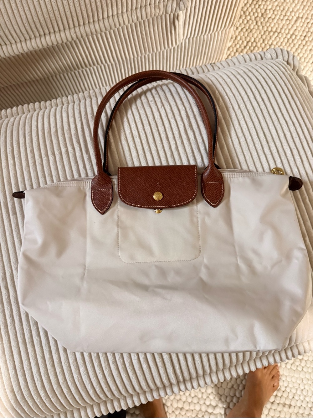 Longchamp med cream Nylon Tote with Brown Leather Trim